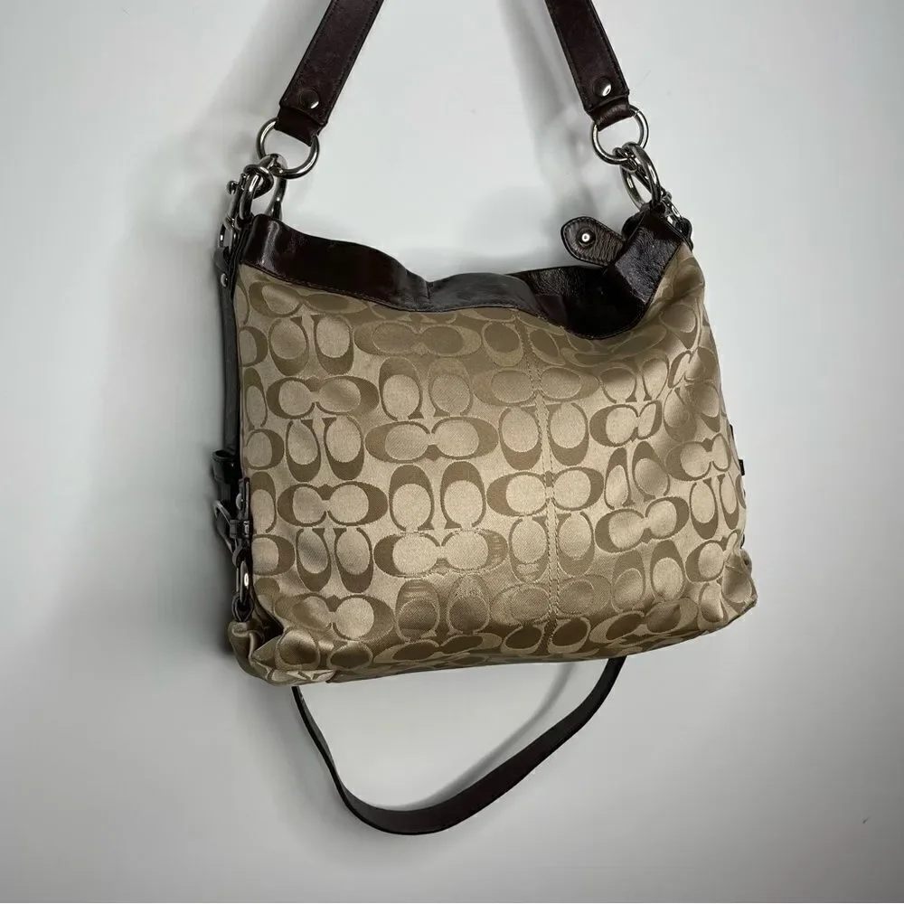 Coach Ashley Sateen Signature C Hobo Crossbody Bag Purse Brown Tan Hippie